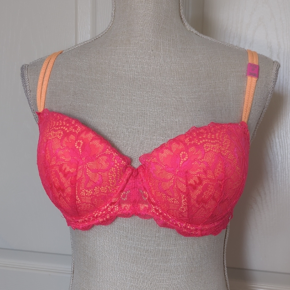 PINK Victoria's Secret Vibrant Lace Push-Up Bra - Bright Coral Pink and Orange